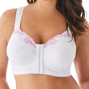42G Bra Comfort Choice Wirefree Front Closure White Pink Embroidered light pad